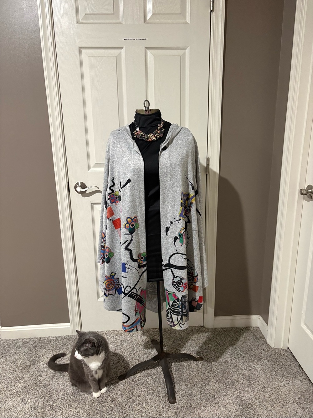 Et’ Lois Gray Abstract Art Print Hooded Long Cardigan Made USA